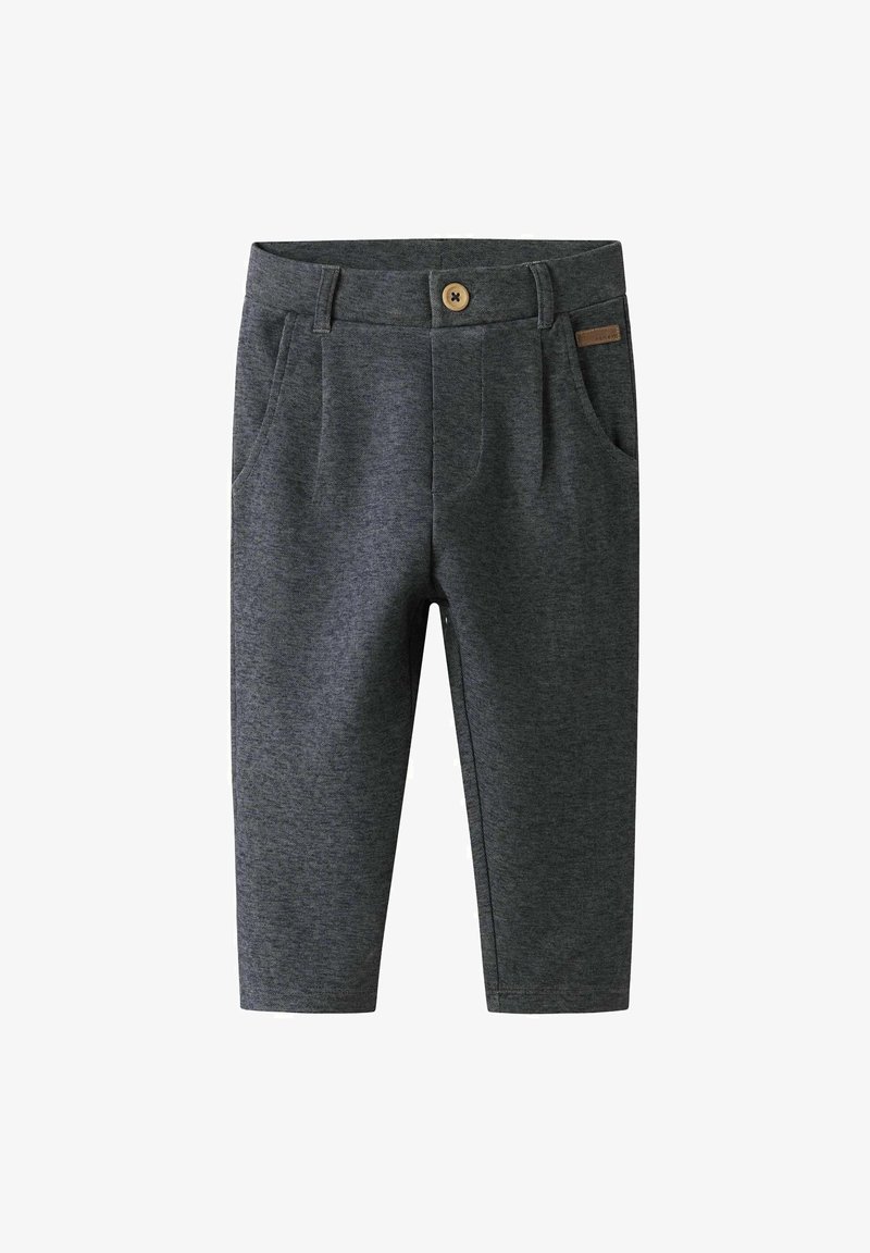 Grå vevde bukser med et teksturert mønster, som har knappelukking foran, sidelommer og en avkortet design.