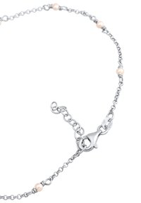 Sølv kæd necklaces med runde fersken perler, en lås lukning og en justerbar kæde, der fremhæver et simpelt og elegant design.