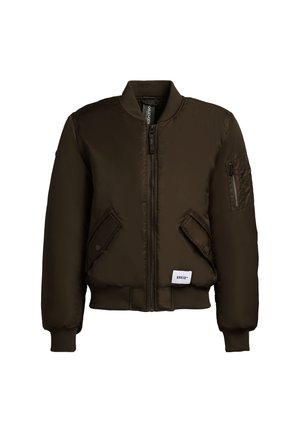 Braune Bomberjacke aus glattem Stoff, mit einem Frontreißverschluss, gerippten Bündchen, zwei Seitentaschen und einer Utility-Tasche am Ärmel.