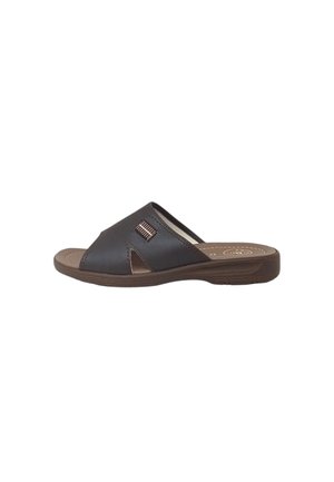 Sandalo marrone open-toe slip-on con una larga fascia di pelle caratterizzata da un piccolo disegno cucito e suola imbottita.