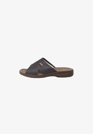 Sandalo marrone open-toe slip-on con una larga fascia di pelle caratterizzata da un piccolo disegno cucito e suola imbottita.