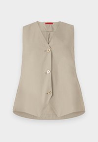Beige ermeløs vest med V-hals, som har tre treknapper og en rett kant. Laget av glatt stoff med et rent design.