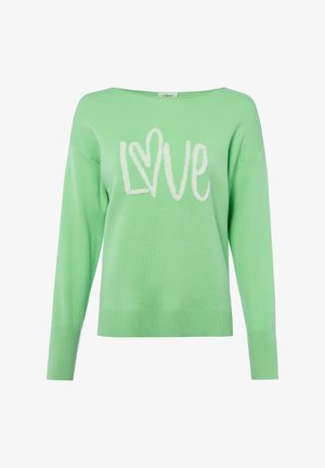 Hellgrüner Pullover mit langen Ärmeln und weißem "LOVE"-Schriftzug auf der Vorderseite, wobei der Buchstabe "O" als Herz gestaltet ist.