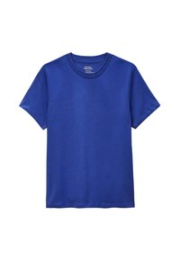 T-shirt en coton bleu avec un col rond et des manches courtes. Le tissu a une texture lisse, et le design est simple et classique.