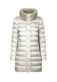 Gewatteerde jas in een lichte zilveren kleur, met een grote nepbontkraag, een rechte pasvorm en een gladde, glanzende textuur met horizontale stiksels.