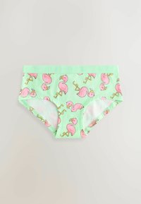 Mutande hipster in cotone verde con un motivo ripetuto di fenicotteri rosa, dotate di una cintura elastica morbida etichettata "NEXT."
