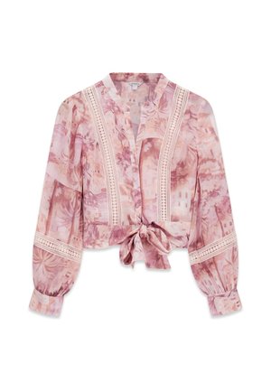 Blouse florale rose et mauve avec bordure en dentelle, manches longues bouffantes et détail noué sur le devant, avec un col en V et une coupe courte.