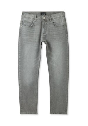 Jeans in denim grigio con taglio dritto, dotati di cinque tasche, con minima scoloritura e chiusura tradizionale con bottone e zip.