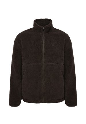 Schwarze Fleecejacke mit Reißverschluss, hohem Kragen und langen Ärmeln, zeigt weichen, strukturierten Stoff und Seitentaschen.