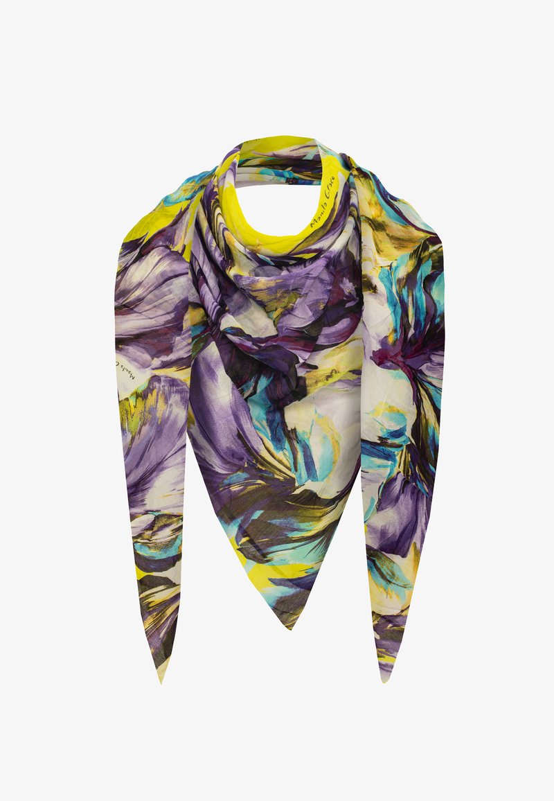 Écharpe légère avec un motif floral en violet et turquoise sur un fond jaune. Présente des extrémités pointues pour des styles polyvalents.