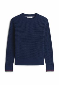 Navy blue knit sweater with a textured diamond pattern, round neckline, and ribbed cuffs featuring subtle red and green stripes.