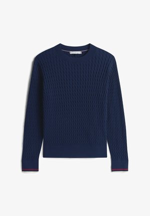 Navy blauwe gebreide trui met een textuur in diamanten patroon, ronde halslijn en geribde manchetten met subtiele rode en groene strepen.