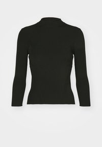 Top negro de punto acanalado con cuello alto, mangas largas y detalles decorativos en los laterales, que presenta una silueta ajustada.