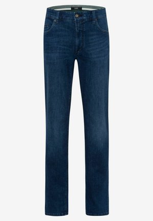 Mørkeblå denim jeans med lige ben. Har fem lommer, knaplukning og kontrastsyet. Glat tekstur.