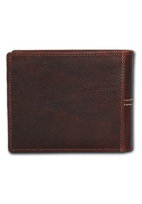 Brown leather wallet with a smooth textured surface, neat stitching, and a slim profile. Minimalistic design with no visible logo or embellishments.