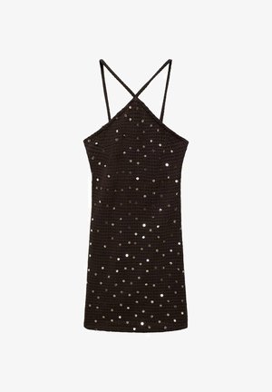 Schwarzes Häkel-Minikleid mit dünnen gekreuzten Trägern und verstreuten glänzenden Pailletten.
