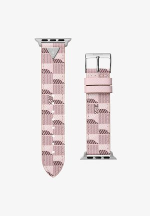 Bracelet de montre à motif en rose et marron, fabriqué en matériau texturé, avec une boucle en argent et des accents contrastants.
