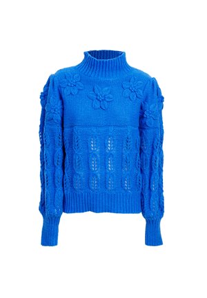 Suéter azul de punto con un alto cuello, diseños florales texturizados y patrones de trenza. Presenta mangas largas y puños y dobladillo acanalados.
