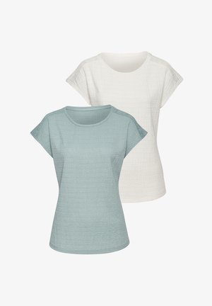 Short-sleeve top in light teal and white, featuring a textured fabric with a crew neckline and subtle seam detailing at the shoulders.