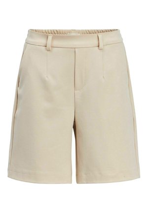 Pantalones cortos beige hechos de tela texturizada, con una cinturilla ancha, bolsillos frontales y un diseño de pierna recta con un dobladillo limpio.