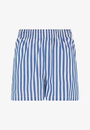 Siniset ja valkoiset raidalliset shortsit, joissa on joustava vyötärö. Valmistettu kevyestä kankaasta, jossa on pystysuorat raidat ja rento istuvuus.