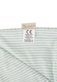 Green and white striped fabric with a smooth texture. Includes a sewn-in tag with brand, CE mark, and contact information.