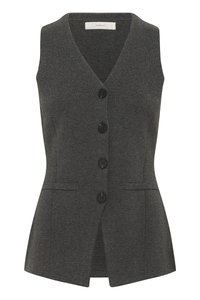 Gilet grigio con scollo a V e design senza maniche, dotato di chiusura a bottoni, tasche laterali e vestibilità su misura. Realizzato in tessuto strutturato.