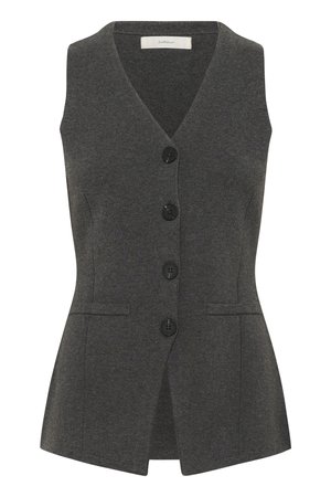 Graue Weste mit V-Ausschnitt und ärmellosem Design, ausgestattet mit einer Knopfleiste, seitlichen Taschen und einer taillierten Passform. Hergestellt aus strukturiertem Stoff.