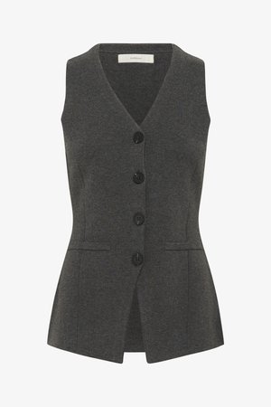 Graue Weste mit V-Ausschnitt und ärmellosem Design, ausgestattet mit einer Knopfleiste, seitlichen Taschen und einer taillierten Passform. Hergestellt aus strukturiertem Stoff.