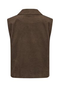 Brązowy żeberkowy top bez rękawów z klasycznym kołnierzykiem i prostym krojem. Tekstura jest miękka, z pionowymi paskami w całej długości.