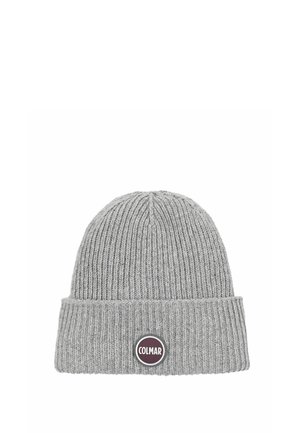 Bonnet en maille côtelée gris avec un revers plié et un patch rond à logo Colmar au centre avant.