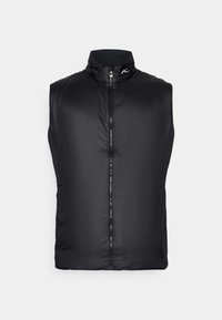 Čierny bezrukávový vest so vysokým golierom, vyrobený z hladkého, lesklého materiálu. Má predný zips a minimálne logo na golieri.