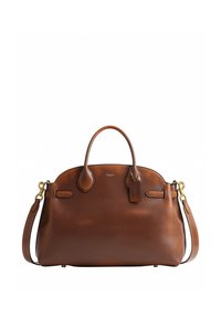 Sac à main en cuir marron Coach avec double poignée et une bandoulière amovible sur fond blanc.