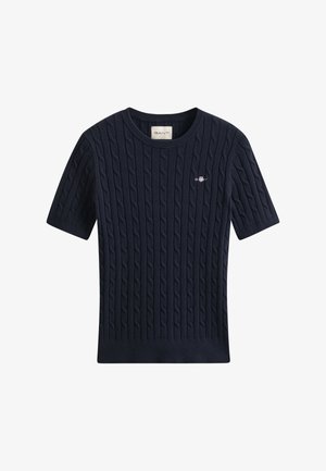 Pull bleu marine à manches courtes en maille torsadée, col rond et petit logo brodé sur la poitrine gauche.