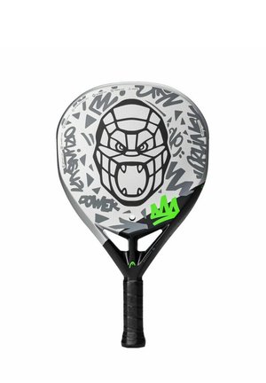 Graues Paddel mit einem schwarzen grafischen Design, das ein furchterregendes Gesicht zeigt. Grüne Akzente und ein strukturierten schwarzen Griff. Einzigartige Form und Muster überall.