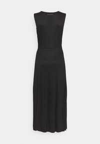 Robe maxi sans manches noire, fabriquée en tissu lisse. Le buste ajusté se déploie en une jupe évasée, avec un col rond simple et un design minimaliste.