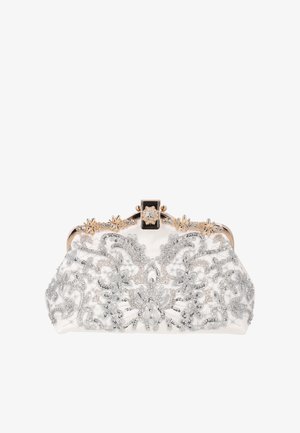 Clutch mit weißem Stoff, silberner Pailletten-Blumenstickerei und einem goldfarbenen Rahmen, verziert mit kleinen Blumen und einem mit Schmucksteinen besetzten Verschluss.