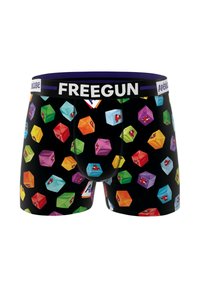 Caleçons noirs avec un motif graphique coloré de diverses formes, y compris des cubes, présentant des accents de rouge, vert, jaune et violet.