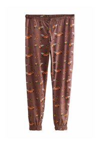 Brown leggings made from soft fabric, featuring a repeated pattern of foxes, leaves, and branches in orange, green, and gray colors.