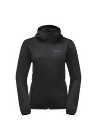 Svart softshell-jakke med hette, glidelås foran og to sidelommer. Har en logo på brystet og elastiske mansjetter for komfort.