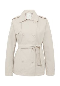 Hellbeige Trenchcoat, doppelt geknöpftes Design, Baumwollmaterial, taillierter Gürtel, zwei Fronttaschen, großer Kragen und Schulterklappen.