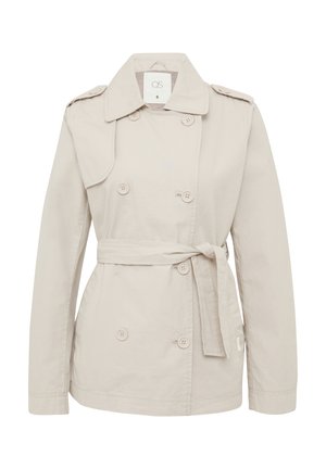 Svetlo béžový trenčkot, dvojradový strih, bavlnený materiál, pás s opaskom, dve predné vrecká, veľký golier a ramenné výložky.