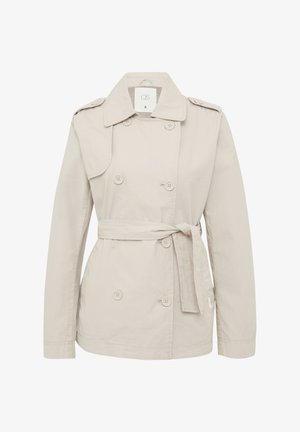 Svetle béžový trench coat, dvouřadý design, bavlněný materiál, pás s opaskem v pase, dvě přední kapsy, velký límec a ramenní epauletky.