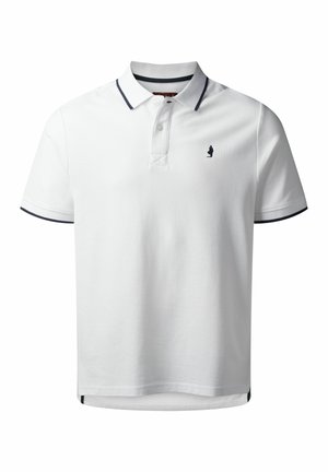 Weißes Polohemd mit kurzen Ärmeln, dunkelblauer Kragen und Ärmelsaum, mit einem kleinen Logo auf der linken Brust und einem geraden Saum.
