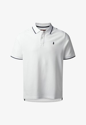 Camiseta polo blanca de manga corta, con cuello y ribete de las mangas en color navy, que presenta un pequeño logo en el lado izquierdo del pecho y un dobladillo recto.