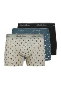 Drei Paar Boxershorts in Beige, Türkis und Schwarz. Die Muster bestehen aus kleinen schwarzen Formen. Ausgestattet mit elastischen Taillenbändern mit dem Markenlogo.