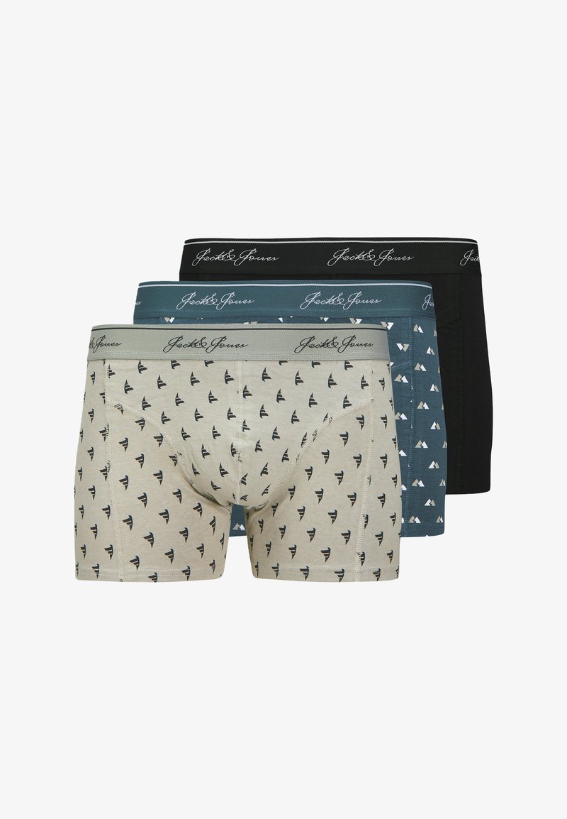 Trois paires de slips boxers en beige, teal et noir. Les motifs comprennent de petites formes noires. Ils disposent de ceintures élastiques avec le logo de la marque.