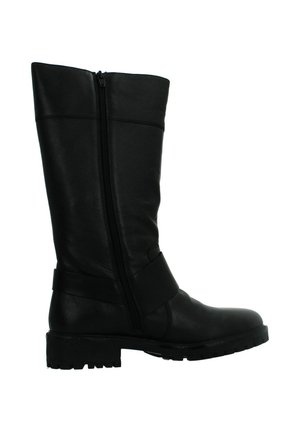 Botte en cuir noire mi-mollet avec fermeture éclair latérale, détail de sangle autour de la cheville, et semelle robuste pour une utilisation en extérieur.