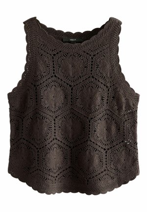 Juodas nėriniuotas be rankovių viršus su šešiakampiais gėlių raštais ir banguotomis kraštinėmis, su etiketė „NEXT“ ties kaklo linija.