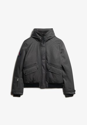 Grå, lynlåsjakke med hætte, to forlommer, ribbede manchetter og et logo patch. Tekstureret stof med et struktureret design.